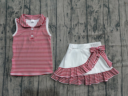 Preorder Baby Girls Dark Red Stripes Buttons Tops Ruffle Shorts Skirt Yoga Clothes Set