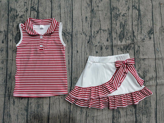 Preorder Baby Girls Dark Red Stripes Buttons Tops Ruffle Shorts Skirt Yoga Clothes Set