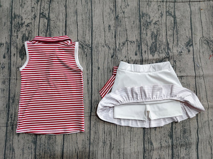 Preorder Baby Girls Dark Red Stripes Buttons Tops Ruffle Shorts Skirt Yoga Clothes Set