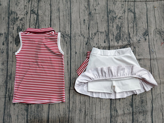 Preorder Baby Girls Dark Red Stripes Buttons Tops Ruffle Shorts Skirt Yoga Clothes Set