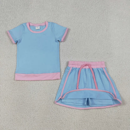 RTS Sibling Baby Girls Adult Women Short Sleeves Blue Cotton Shirts Skirts Shorts Sets Summer Clothes