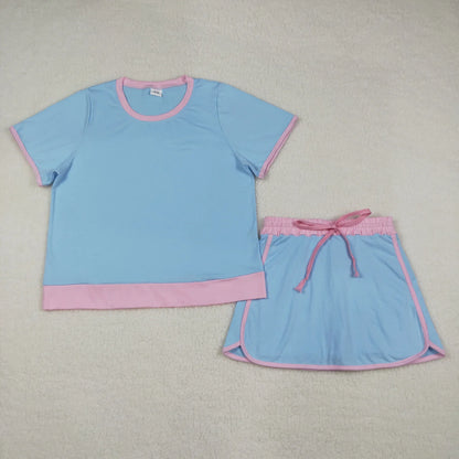 RTS Sibling Baby Girls Adult Women Short Sleeves Blue Cotton Shirts Skirts Shorts Sets Summer Clothes