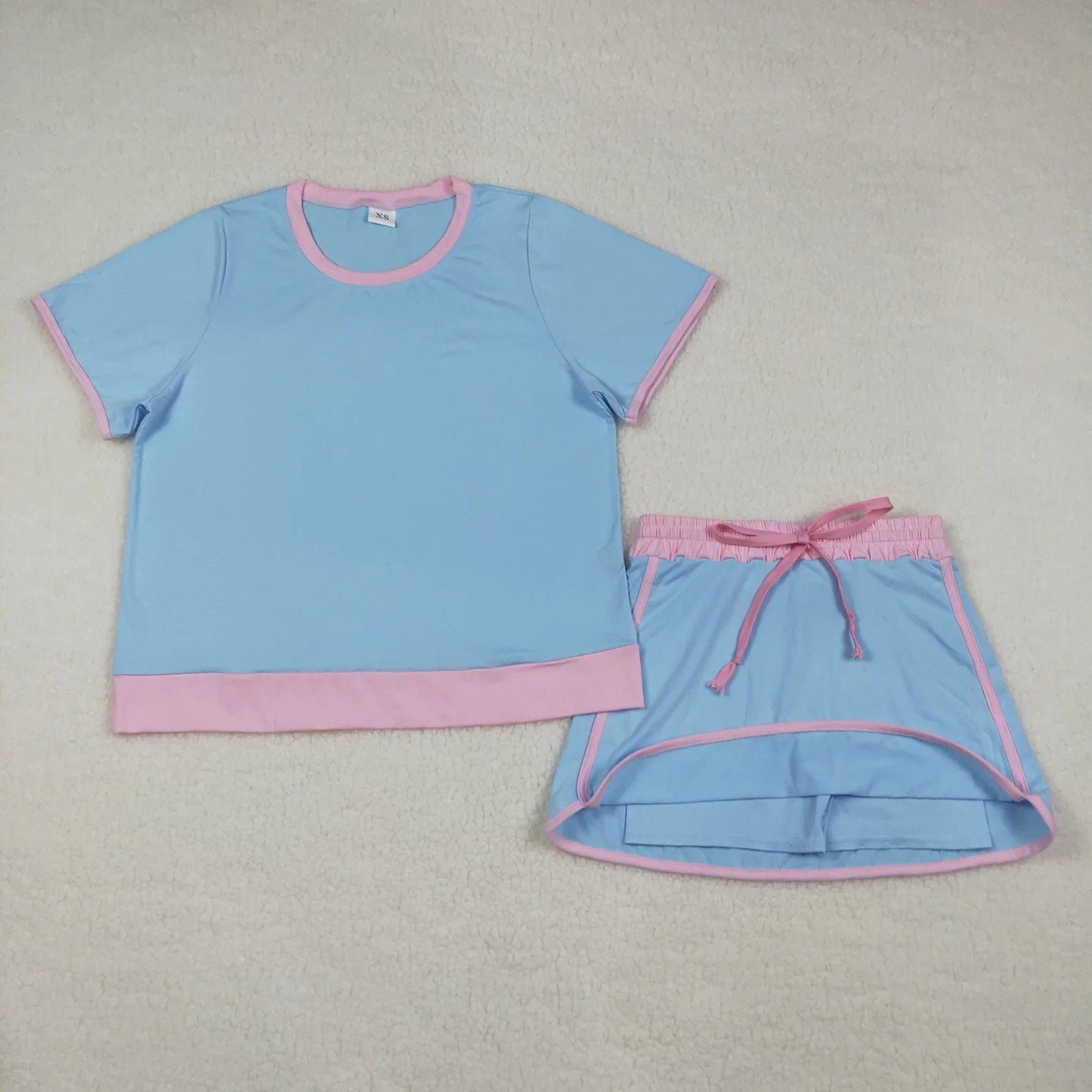 RTS Sibling Baby Girls Adult Women Short Sleeves Blue Cotton Shirts Skirts Shorts Sets Summer Clothes