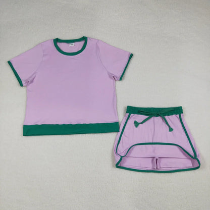 Sibling Baby Girls Adult Women Short Sleeves Purple Cotton Shirts Skirts Shorts Sets Summer Clothes