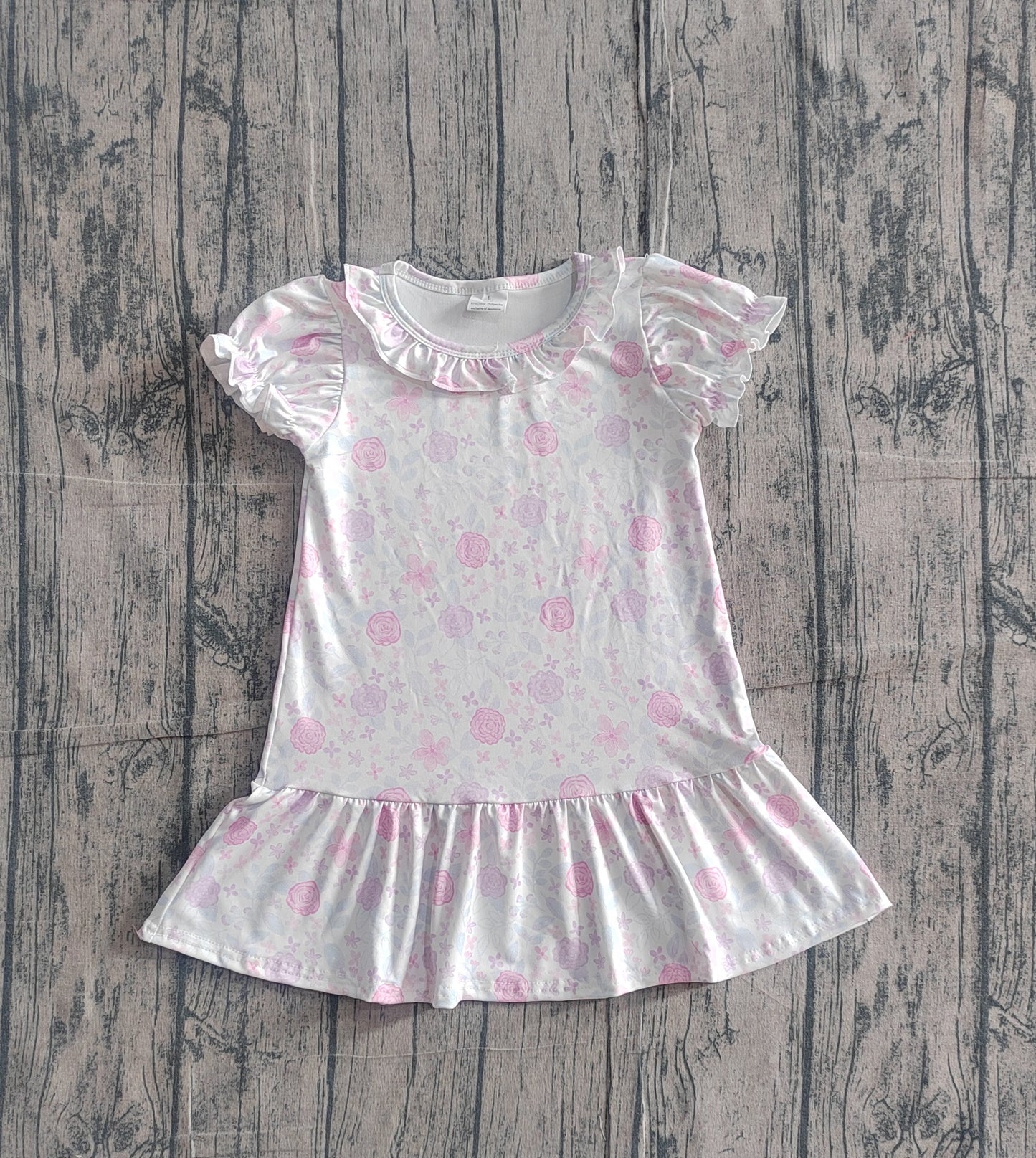 RTS Baby Girls Kids Short Sleeves Purple Pink Flower Ruffle Knee Length Dress