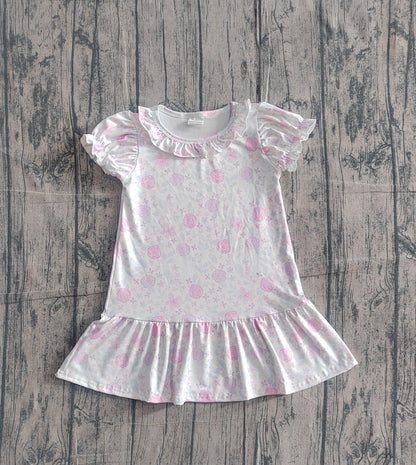RTS Baby Girls Kids Short Sleeves Purple Pink Flower Ruffle Knee Length Dress