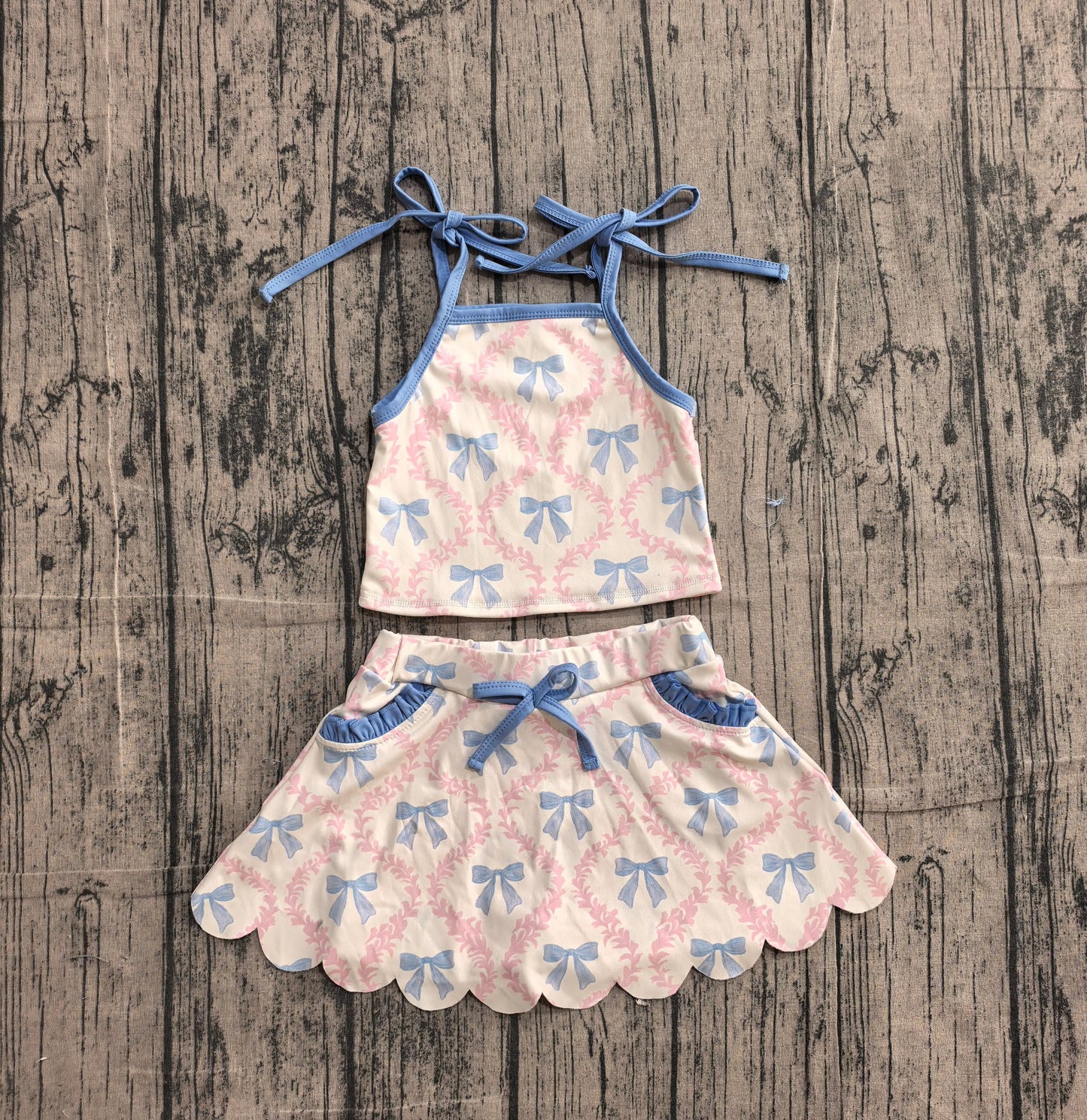 Preorder Baby Girls Kids Straps Bows Tops Pockets Skirt Shorts Yoga Set