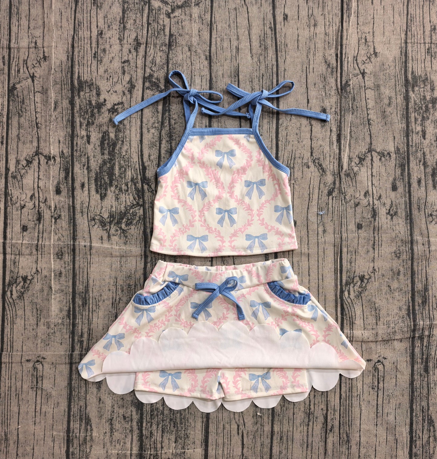 Preorder Baby Girls Kids Straps Bows Tops Pockets Skirt Shorts Yoga Set