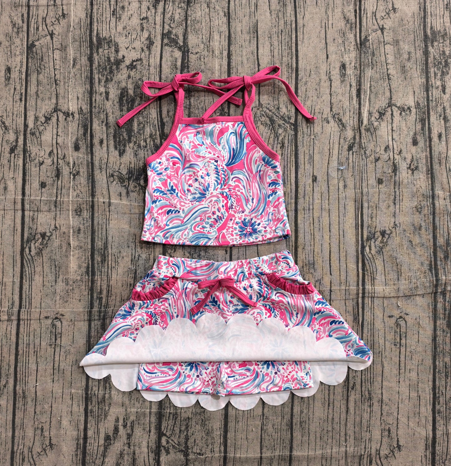 Preorder Baby Girls Kids Straps Colorful Tops Pockets Skirt Shorts Yoga Set