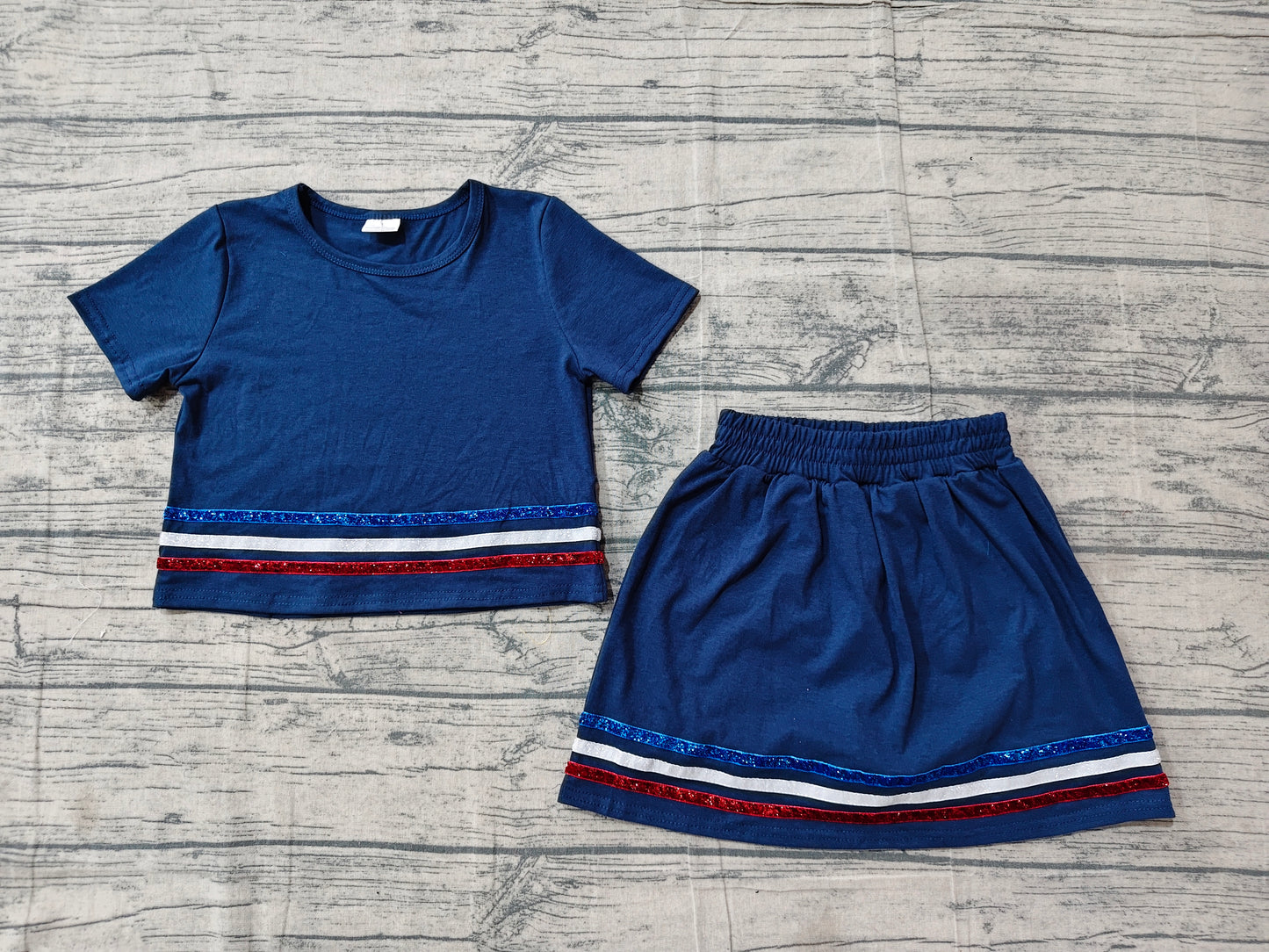 GSD3811 Preorder Baby Girls Kids Blue Short Sleeves Shirt Skirt Shorts Cotton Set