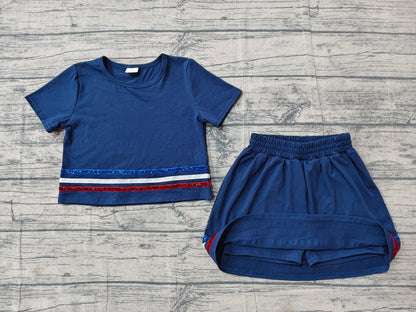 GSD3811 Preorder Baby Girls Kids Blue Short Sleeves Shirt Skirt Shorts Cotton Set