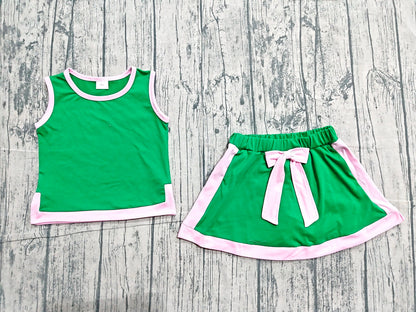 Preorder Baby Girls Kids Sleeveless Green Tops Pockets Skirt Shorts Cotton Set