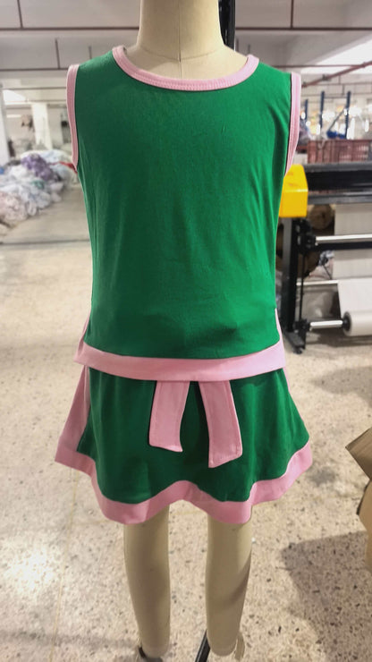 Preorder Baby Girls Kids Sleeveless Green Tops Pockets Skirt Shorts Cotton Set