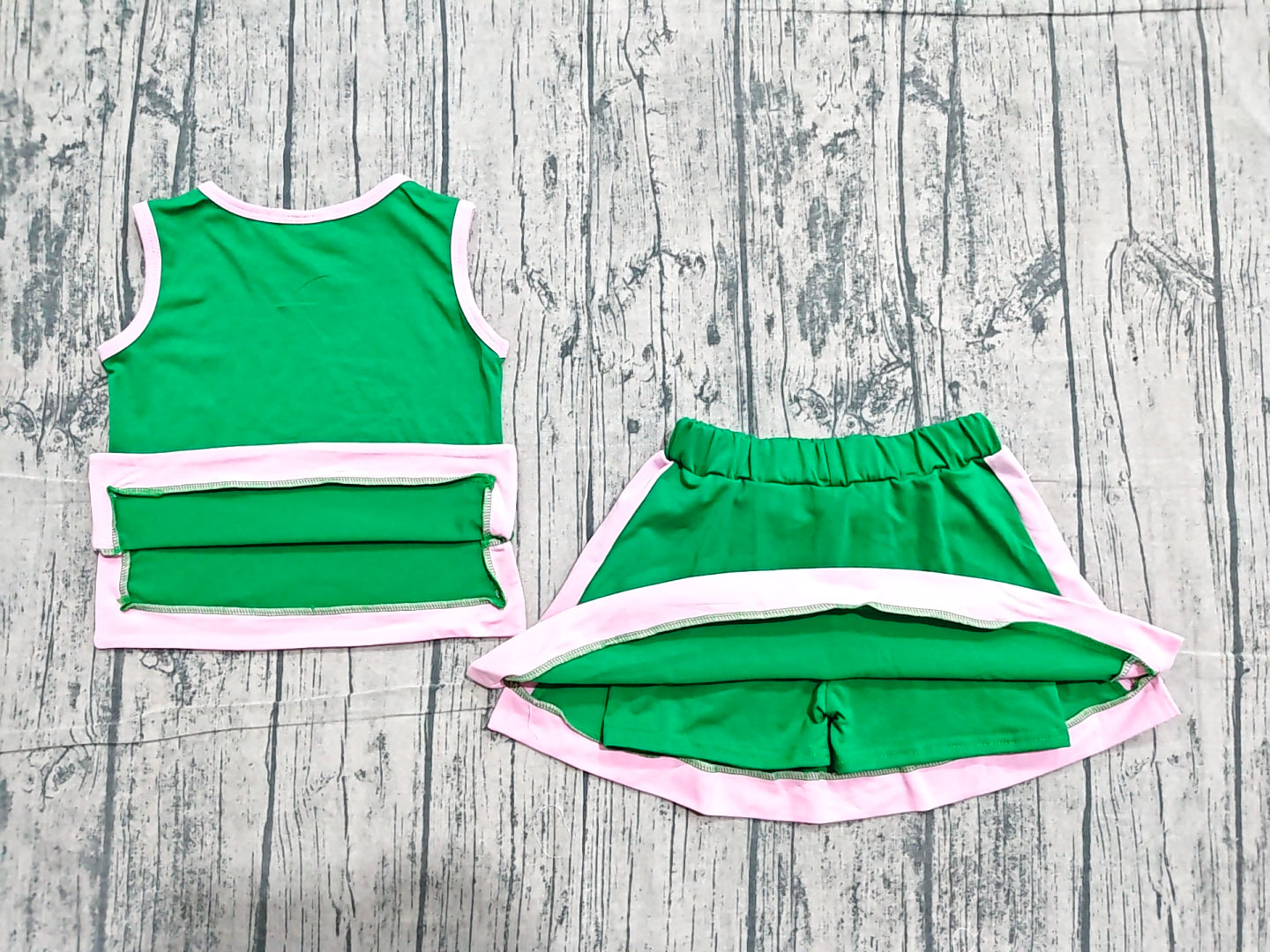 Preorder Baby Girls Kids Sleeveless Green Tops Pockets Skirt Shorts Cotton Set