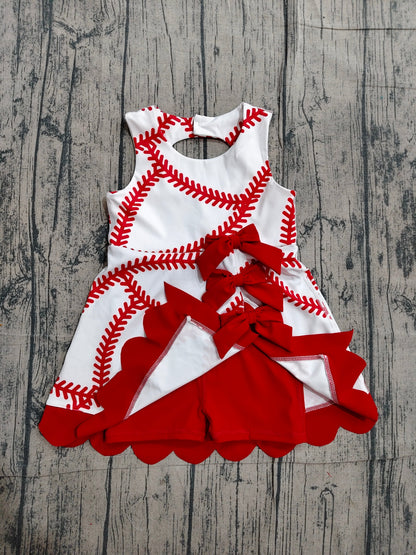 Preorder Baby Girls Kids Baseball Red Bows Shorts Knee Length Yoga Active Dress