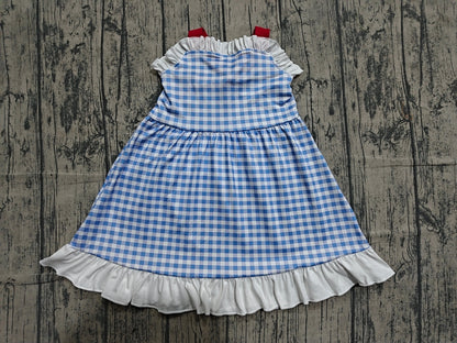 Preorder Baby Girls Kids Blue Plaid 4th of July Ruffle Knee Length Dress