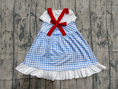 Preorder Baby Girls Kids Blue Plaid 4th of July Ruffle Knee Length Dress