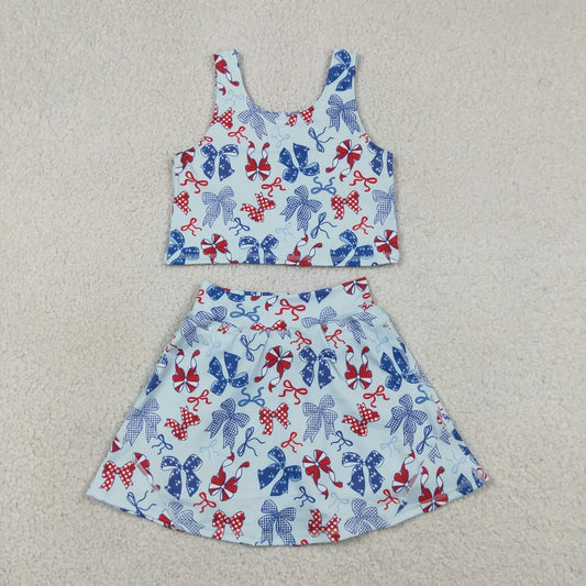 Sibling Baby Girls Kids 4th of July Bows Skort Yoga Active Dress Set Clothes