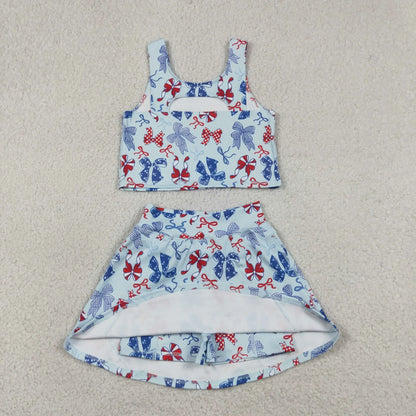 Sibling Baby Girls Kids 4th of July Bows Skort Yoga Active Dress Set Clothes