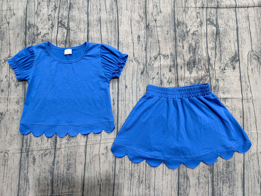 Preorder Baby Girls Kids Short Sleeves Shirt Scallop Skirt Shorts Set Blue Clothes