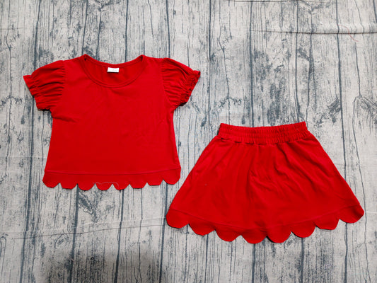 Preorder Baby Girls Kids Short Sleeves Shirt Scallop Skirt Shorts Set Red Clothes
