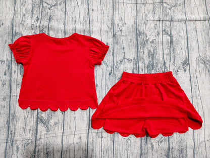 Preorder Baby Girls Kids Short Sleeves Shirt Scallop Skirt Shorts Set Red Clothes