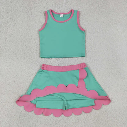 Sibling Baby Girls Kids Scallop Shirts Skirts Shorts Yoga Active Sets Clothes