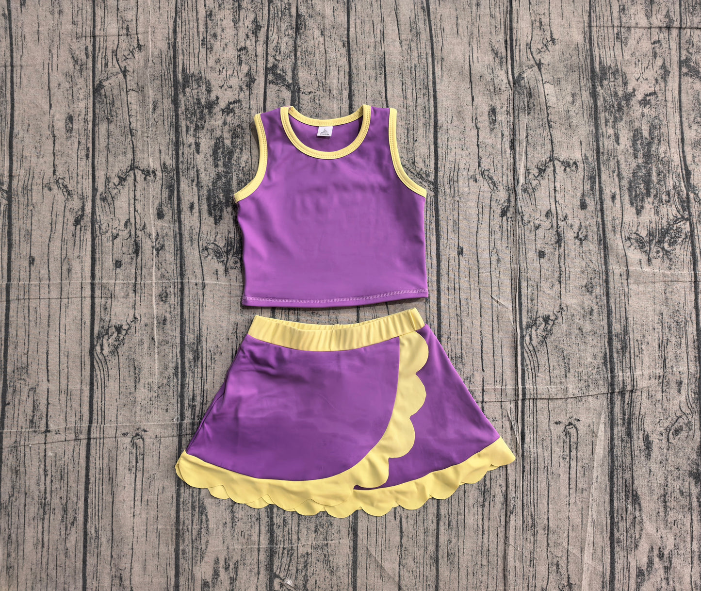 Preorder GSD4015 Baby Girls Kids Purple Shirt Scallop Skirt Shorts Yoga Active Set Clothes