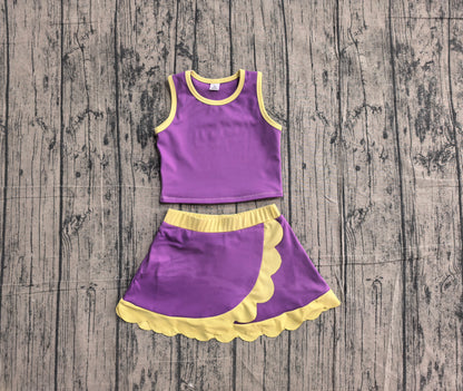 Preorder GSD4015 Baby Girls Kids Purple Shirt Scallop Skirt Shorts Yoga Active Set Clothes