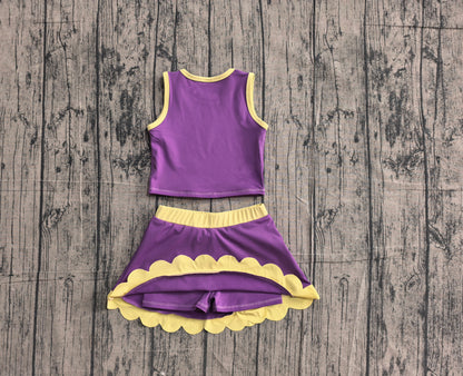 Preorder GSD4015 Baby Girls Kids Purple Shirt Scallop Skirt Shorts Yoga Active Set Clothes