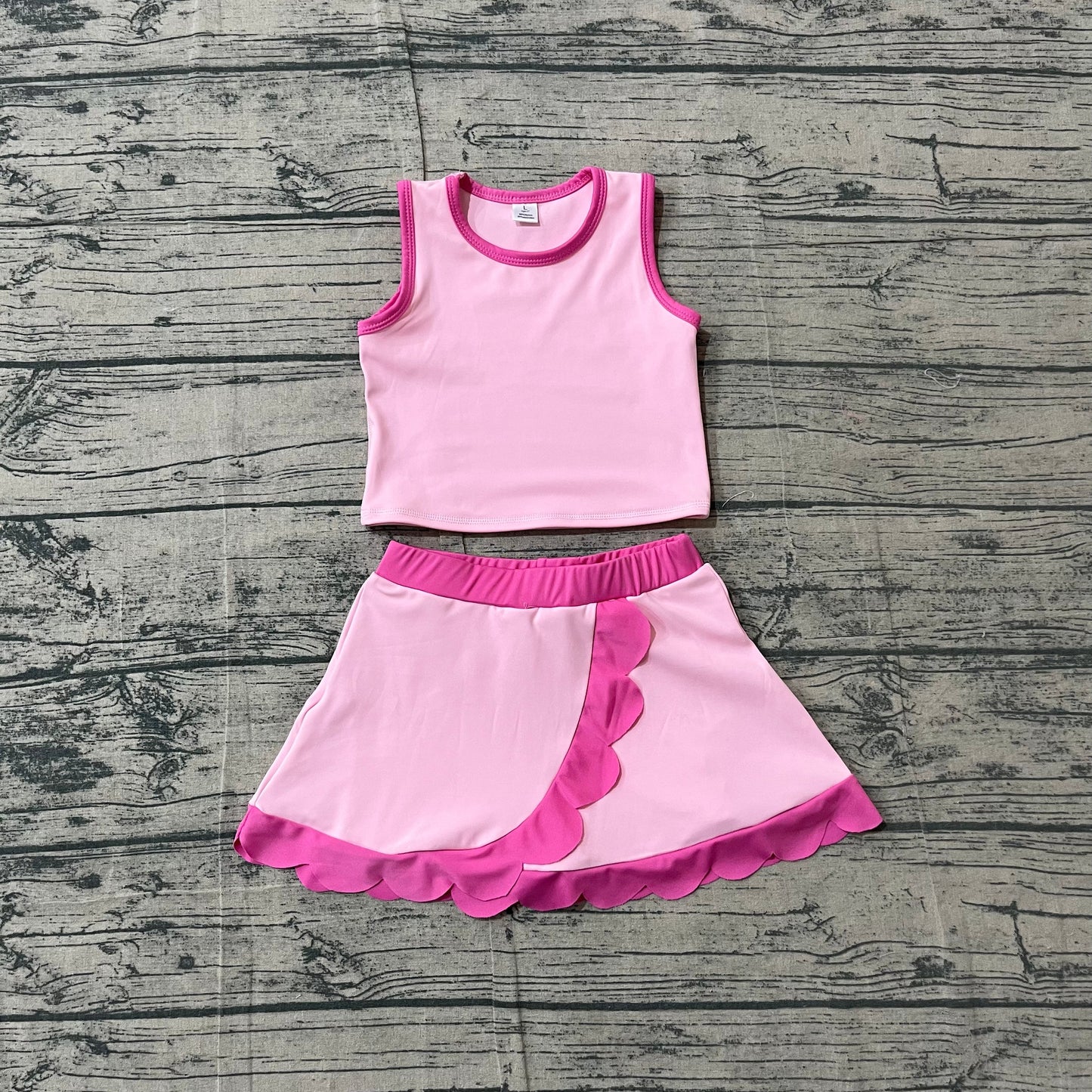 Preorder Baby Girls Kids Shirt Scallop Skirt Shorts Yoga Active Pink Set Clothes