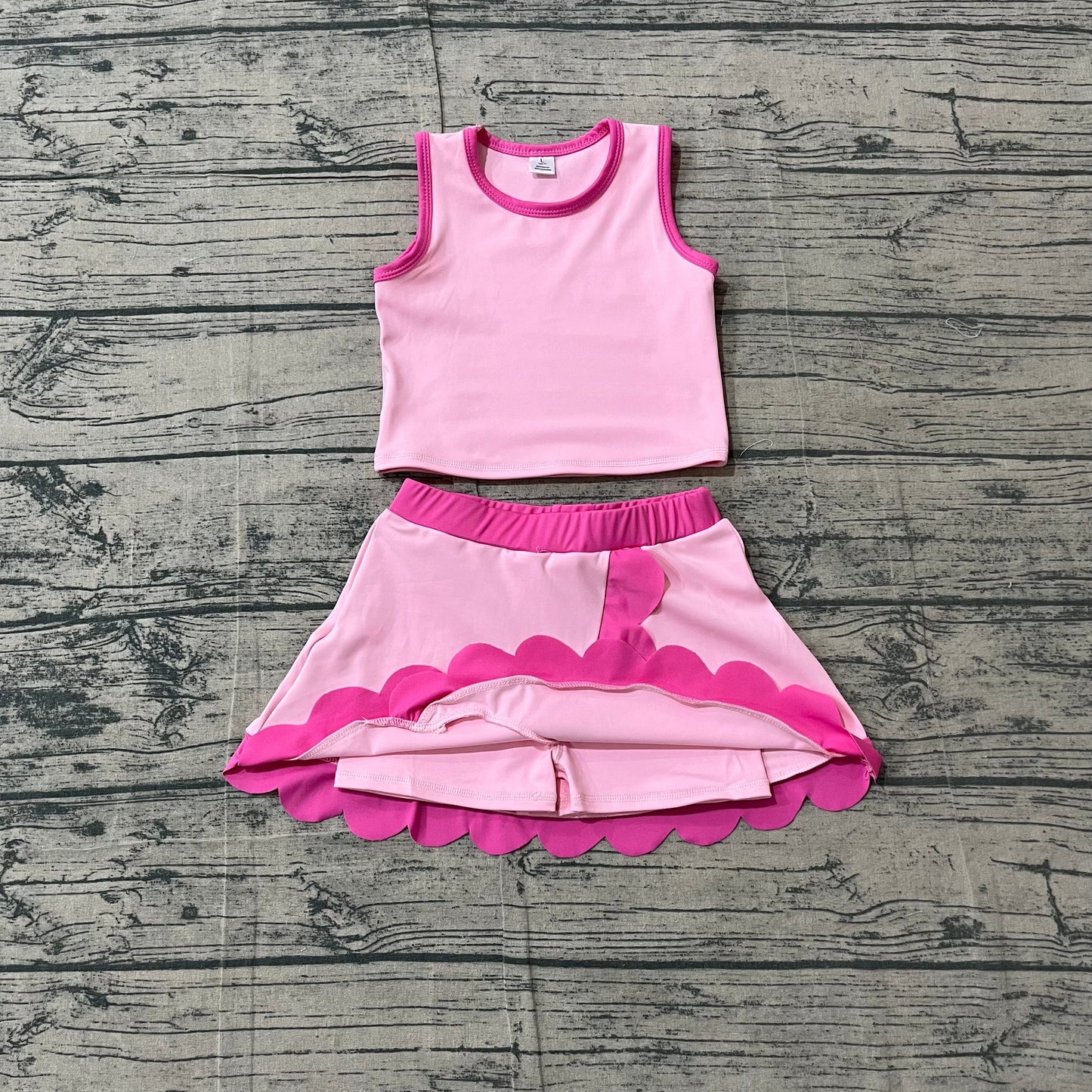 Preorder Baby Girls Kids Shirt Scallop Skirt Shorts Yoga Active Pink Set Clothes