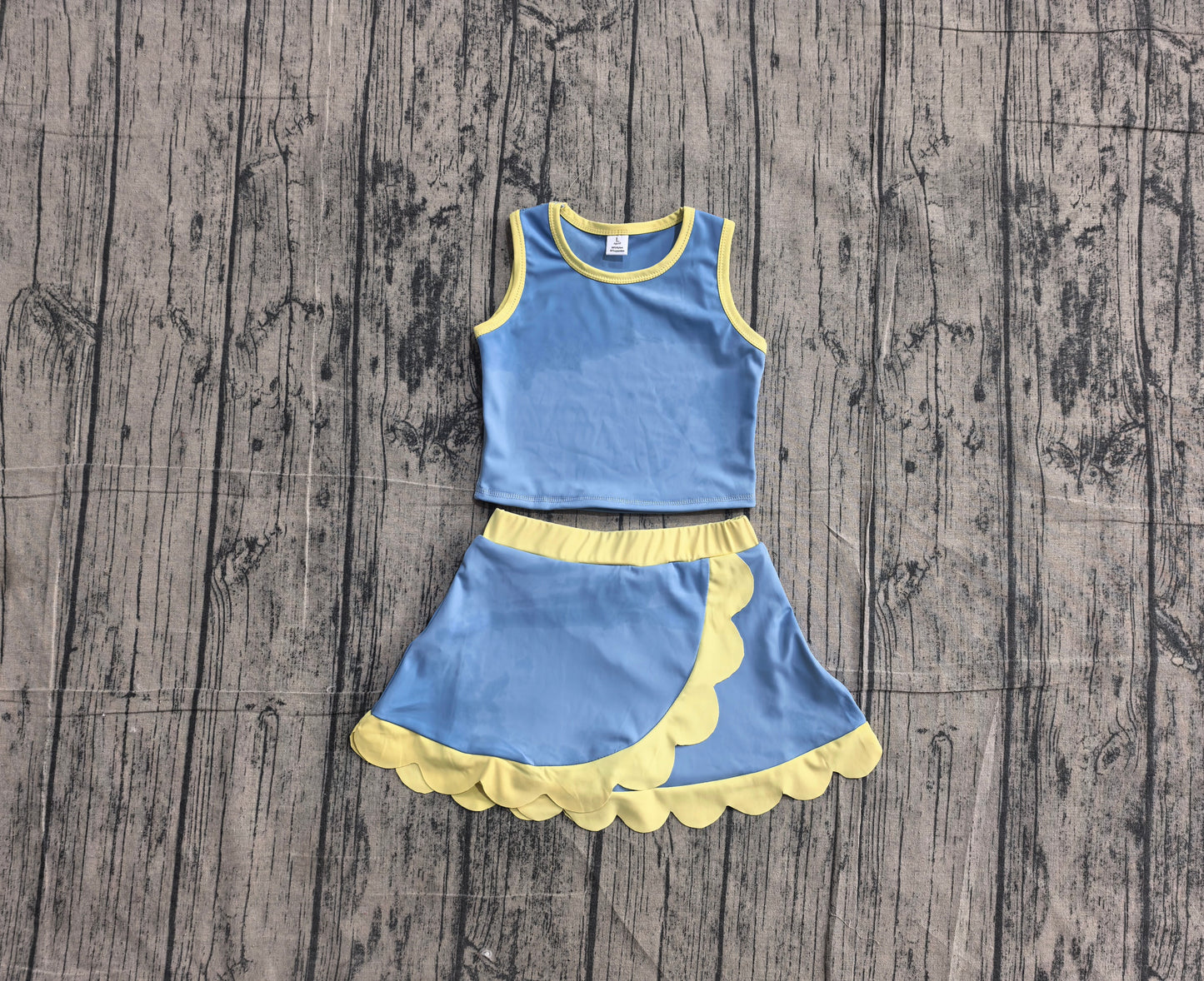 Preorder GSD4022 Baby Girls Kids Blue Shirt Scallop Skirt Shorts Yoga Active Set Clothes