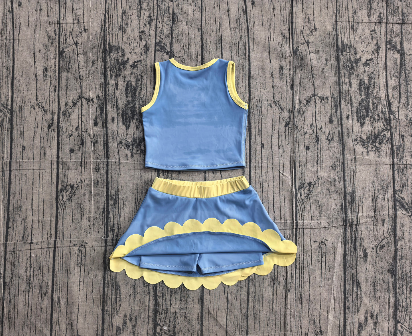 Preorder GSD4022 Baby Girls Kids Blue Shirt Scallop Skirt Shorts Yoga Active Set Clothes