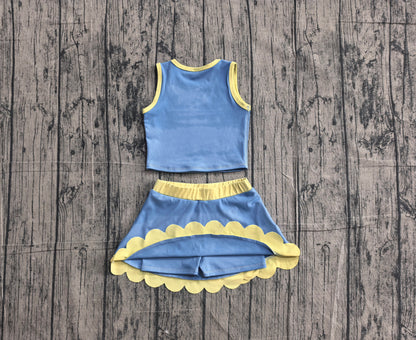 Preorder GSD4022 Baby Girls Kids Blue Shirt Scallop Skirt Shorts Yoga Active Set Clothes