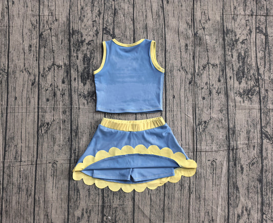 Preorder GSD4022 Baby Girls Kids Blue Shirt Scallop Skirt Shorts Yoga Active Set Clothes