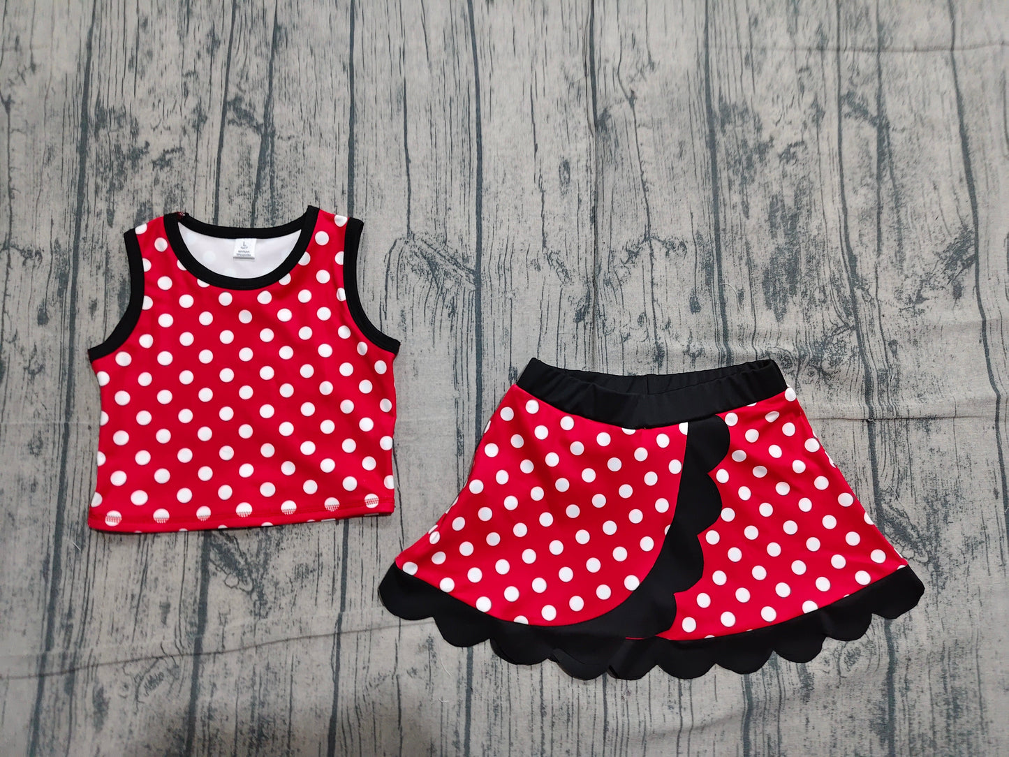 Preorder Baby Girls Kids Dots Red Shirt Scallop Skirt Shorts Yoga Active Set Clothes