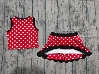 Preorder Baby Girls Kids Dots Red Shirt Scallop Skirt Shorts Yoga Active Set Clothes