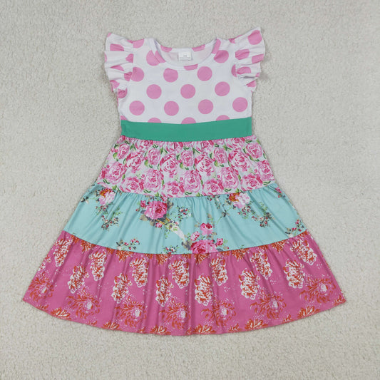 Baby Girls Kids Short Sleeves Flower Knee Length Dress Pink Clothes
