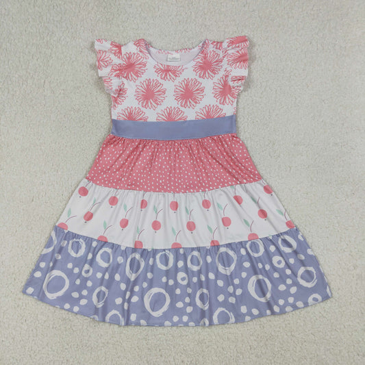 Baby Girls Kids Short Sleeves Flower Knee Length Pink Dress Summer Clothes