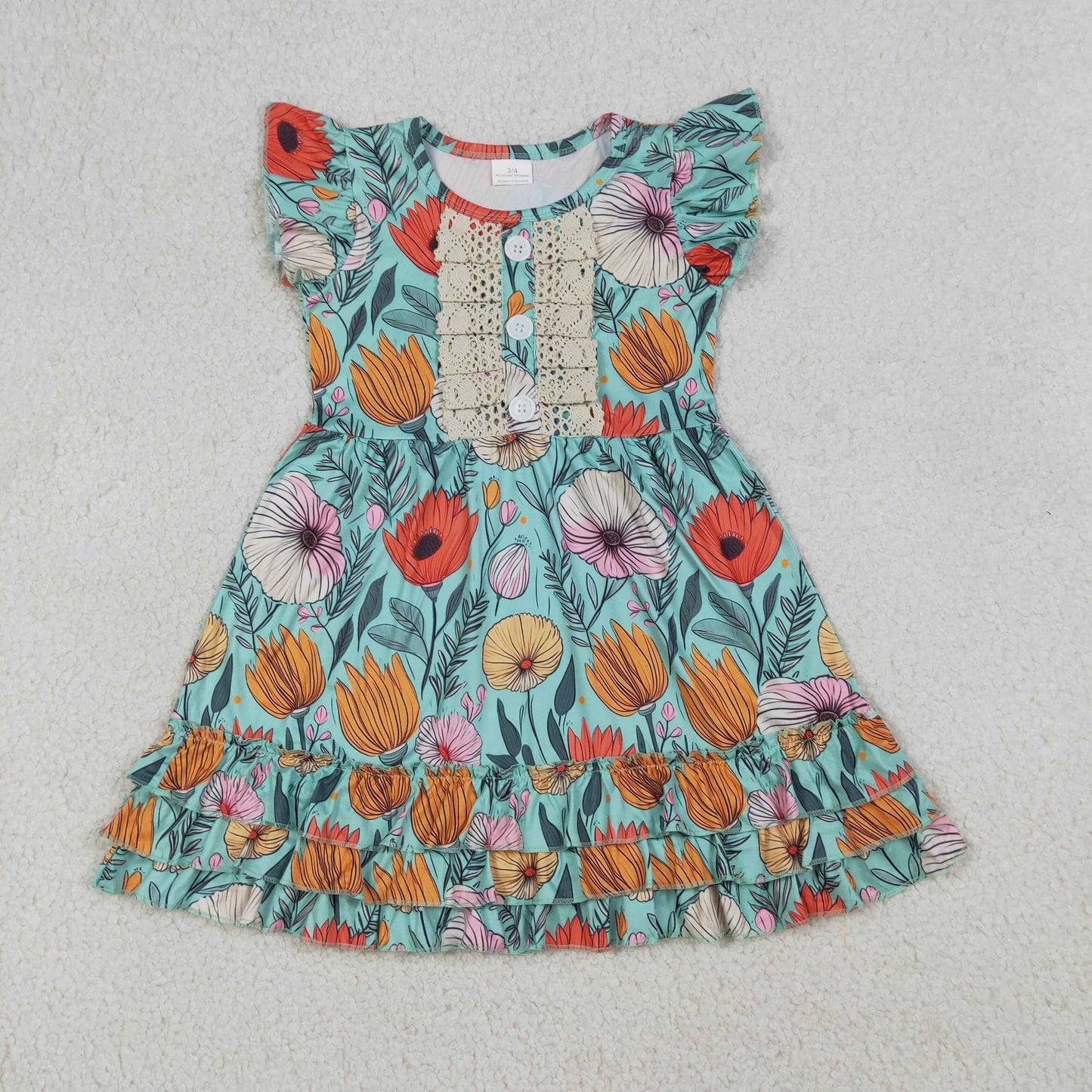 Baby Girls Kids Short Sleeves Flower Knee Length Ruffle Green Dress Summer Clothes