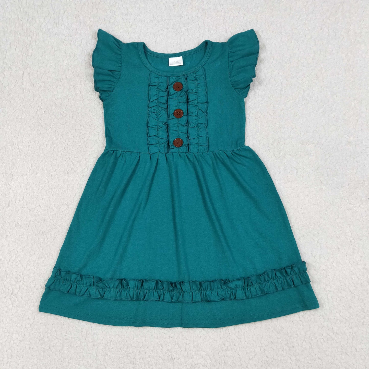 RTS Baby Girls Kids Short Sleeves Green Ruffle Buttons Knee Length Dress Cotton Clothes