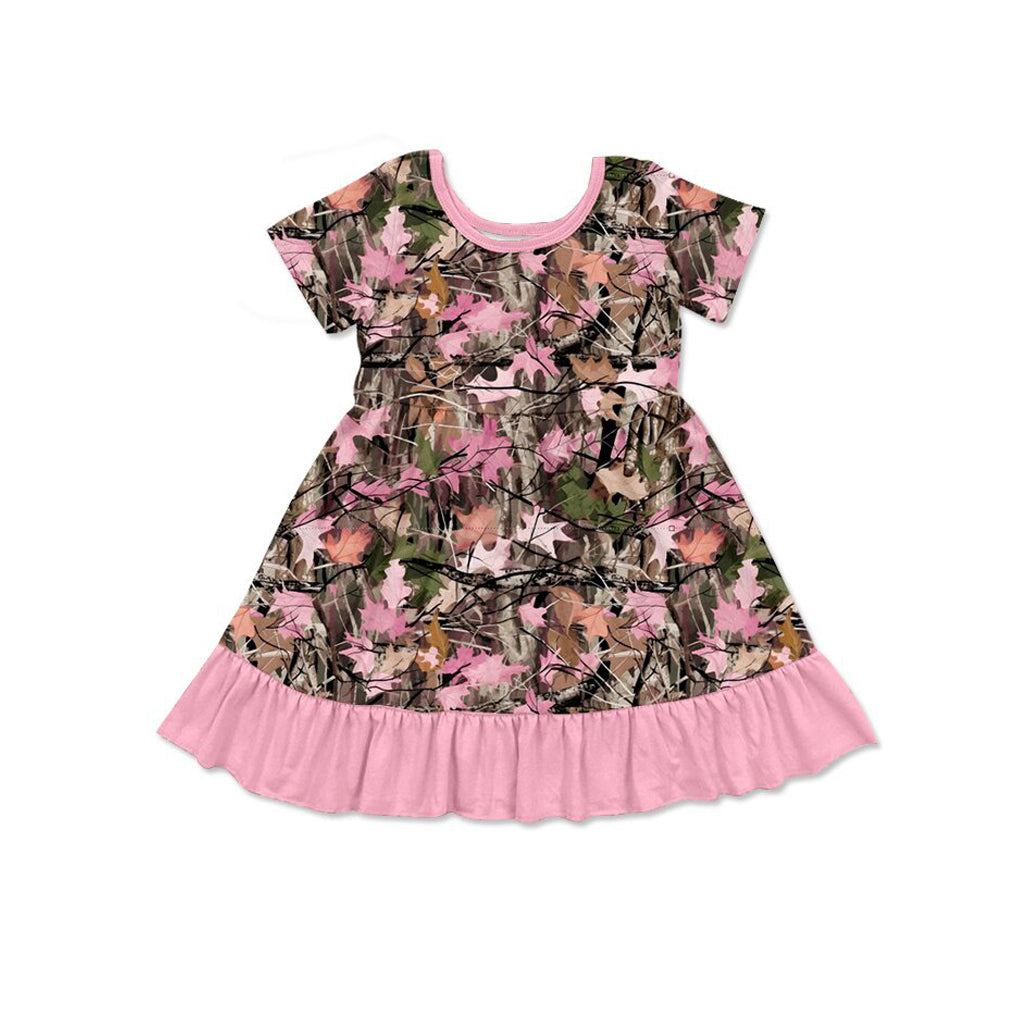 Preorder Baby Girls Kids Short Sleeves Leaves Pink Ruffle Knee Length Dress ( Moq 5 )