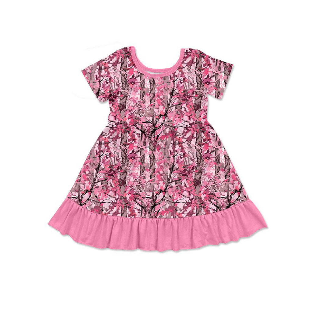 Preorder Baby Girls Kids Short Sleeves Leaves Ruffle Knee Length Pink Dress ( Moq 5 )