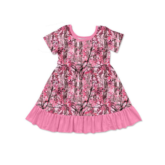 Preorder Baby Girls Kids Short Sleeves Leaves Ruffle Knee Length Pink Dress ( Moq 5 )