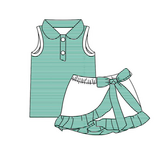 Preorder Baby Girls Green Stripes Buttons Tops Ruffle Skirt Shorts Yoga Active Set Clothes ( Moq 5 )