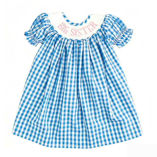 Preorder Baby Girls Kids Short Sleeves Big Sister Blue Plaid Knee Length Dress Clothes ( Moq 5 )