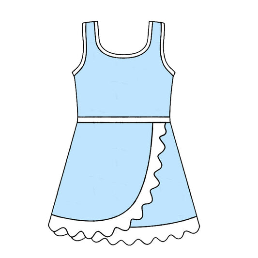 Preorder Baby Girls Kids Sleeveless Shorts Knee Length Scallop Light Blue Dress Yoga Active Clothes ( Moq 5 )