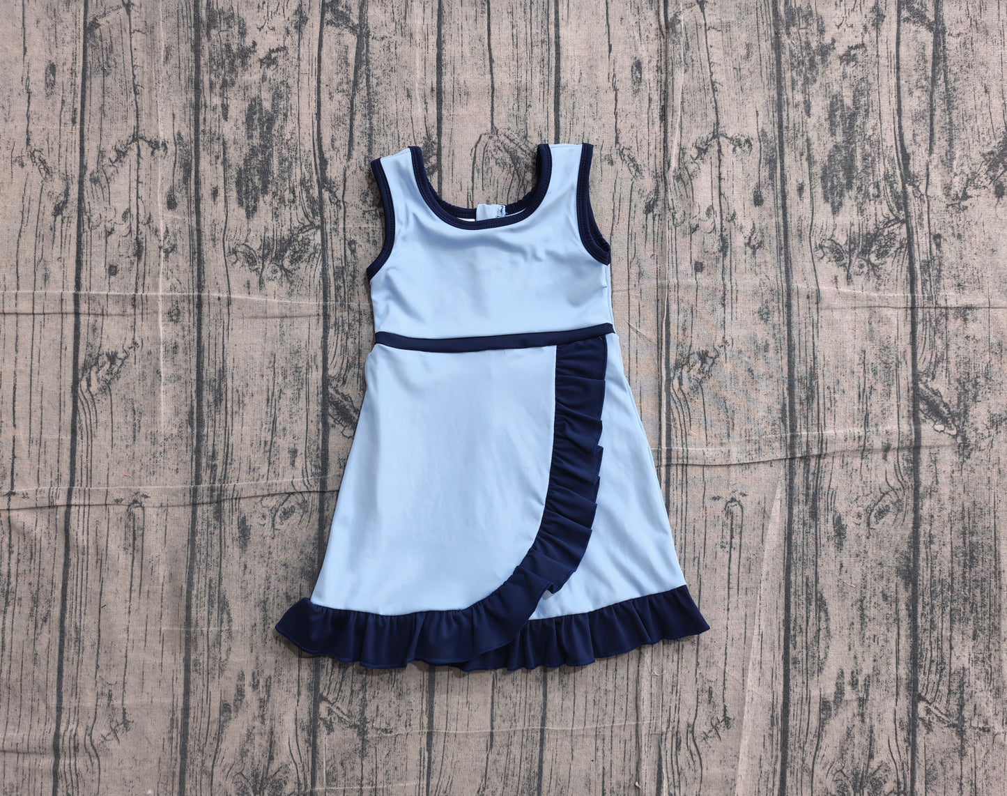 Preorder Baby Girls Kids Sleeveless Shorts Knee Length Scallop Blue Dress Yoga Active Clothes