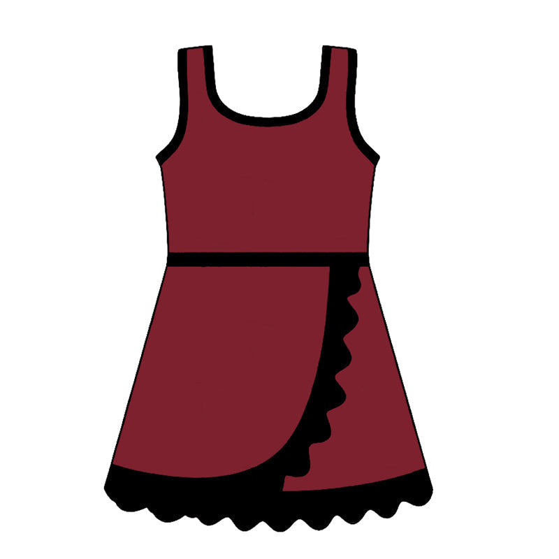 Preorder Baby Girls Kids Sleeveless Shorts Knee Length Dark Red Dress Yoga Active Scallop Clothes ( Moq 5 )